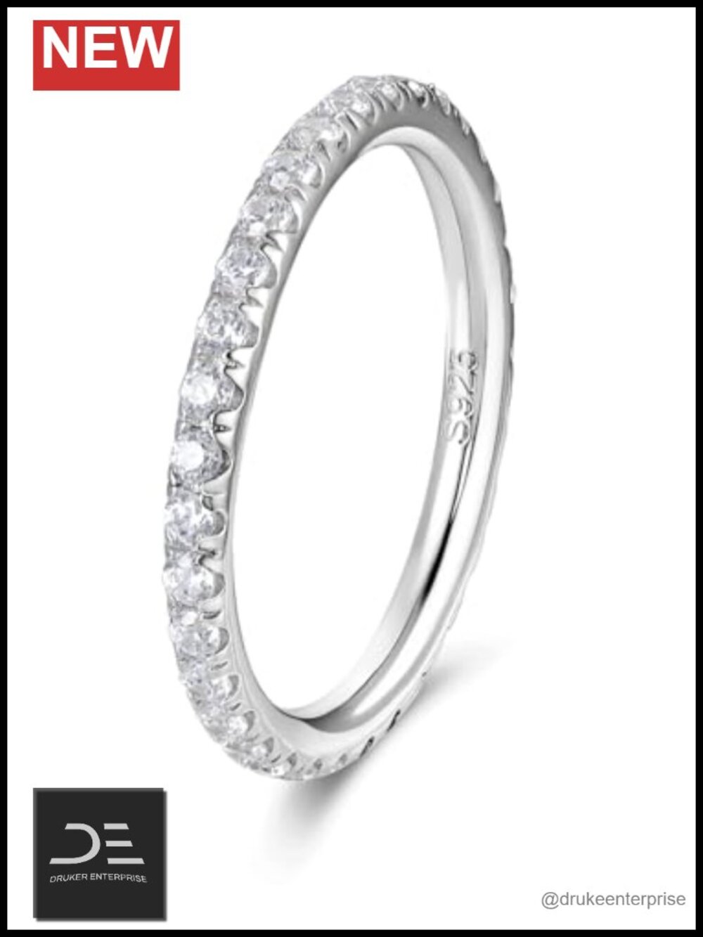 Moissanite Eternity Ring 925 Sterling Silver Rhodium Finish Women's Band